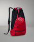 Red and black drawstring bag with a logo on a gray background