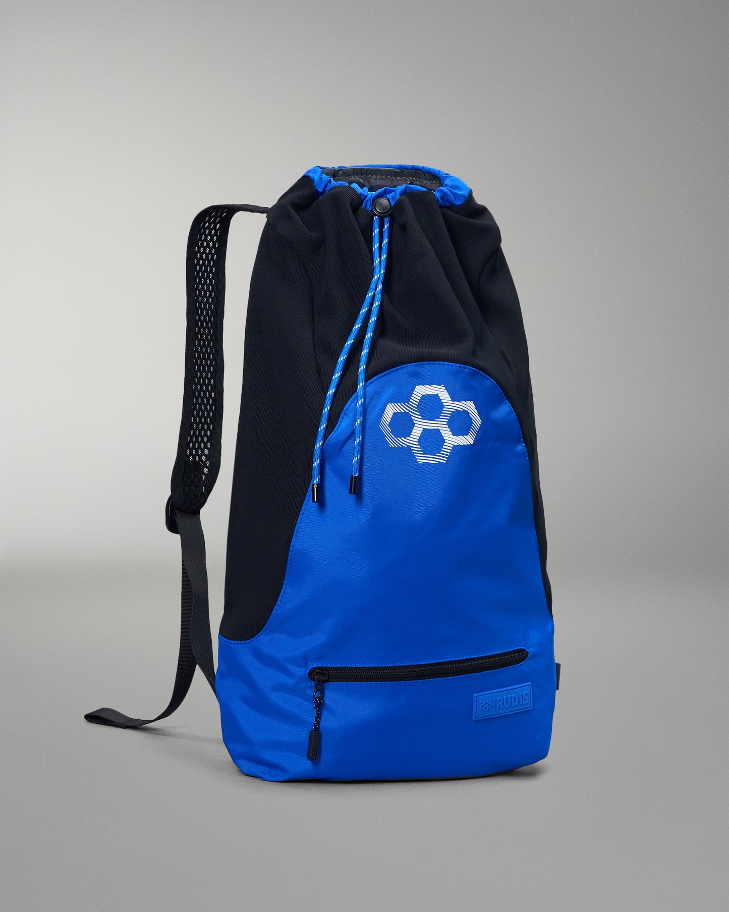 Blue drawstring bag with black accents on a gray background