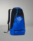 Blue drawstring bag with black accents on a gray background