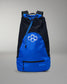 Blue and black drawstring bag with a logo on a gray background