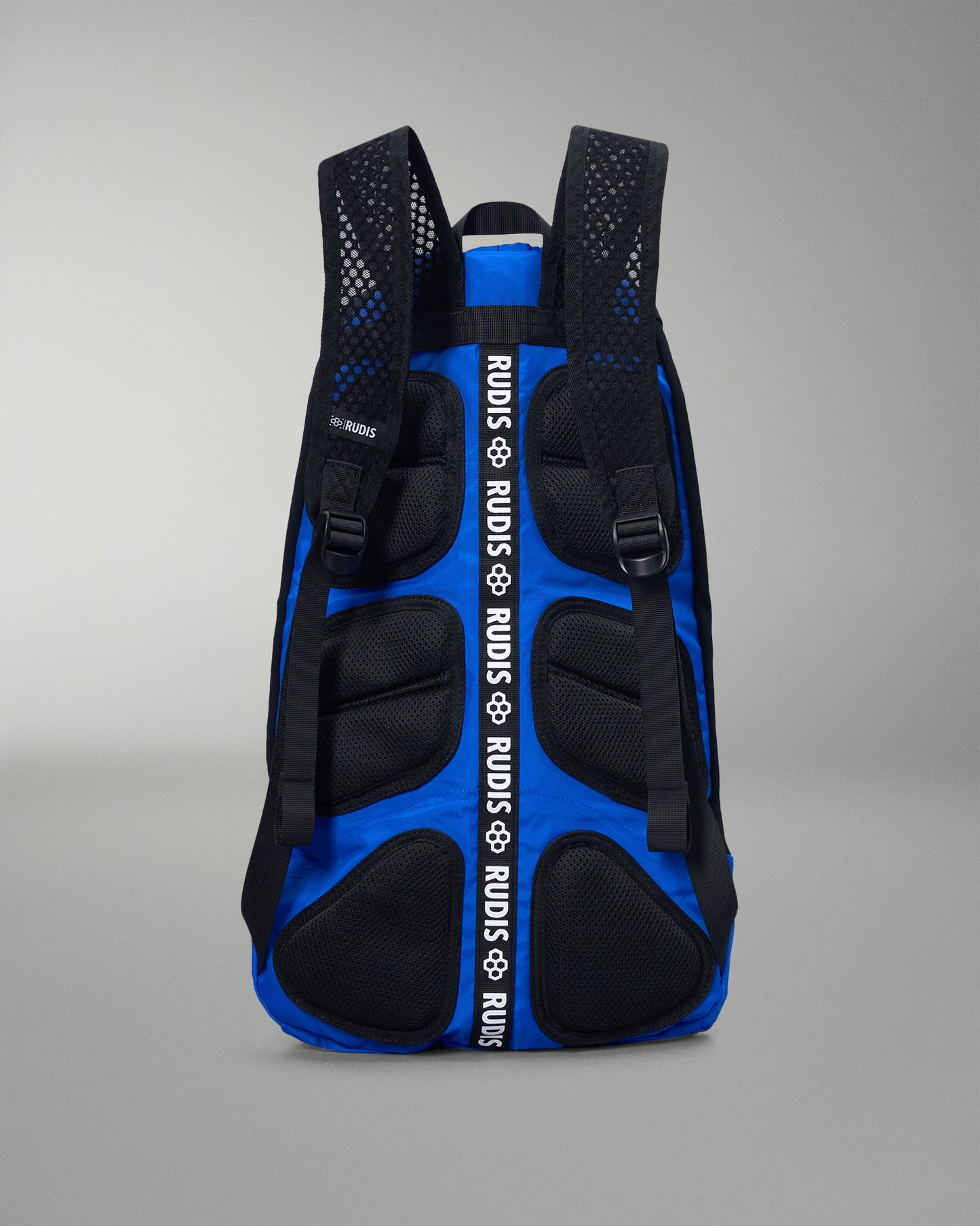 Blue and black backpack with 'Rudas' branding on a gray background