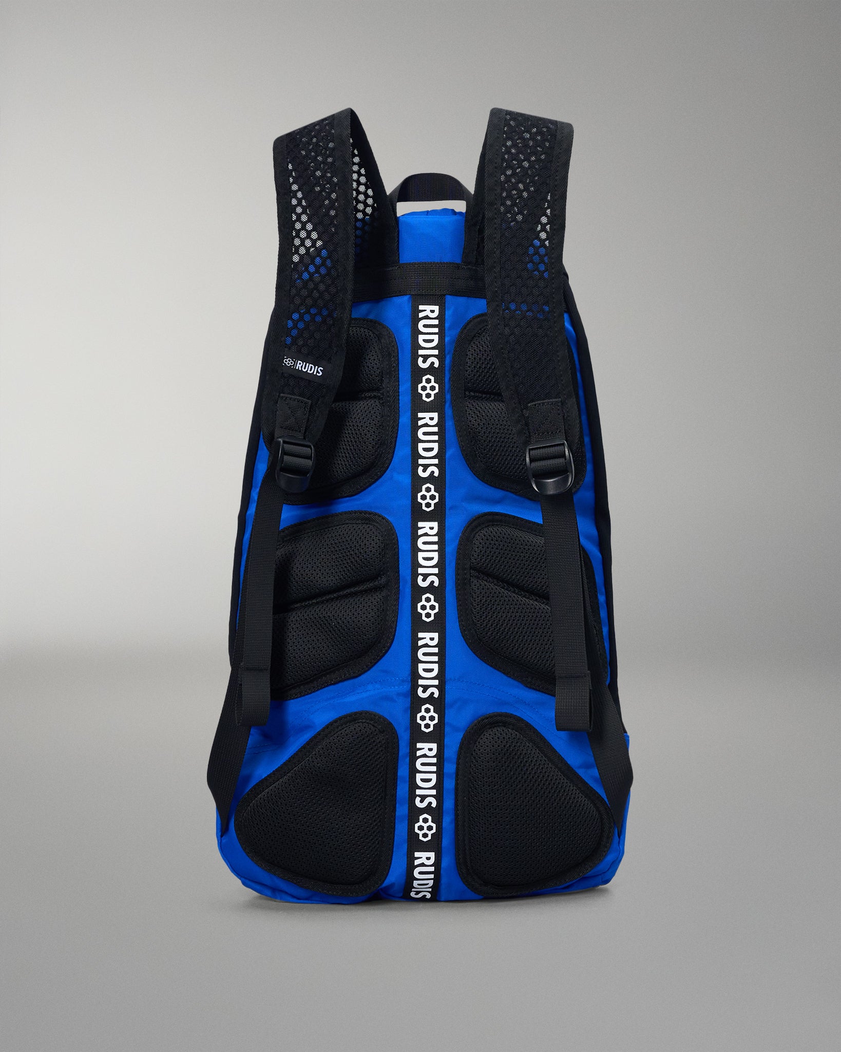 Blue and black backpack with 'Rudas' branding on a gray background