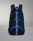 Blue and black backpack with 'Rudas' branding on a gray background