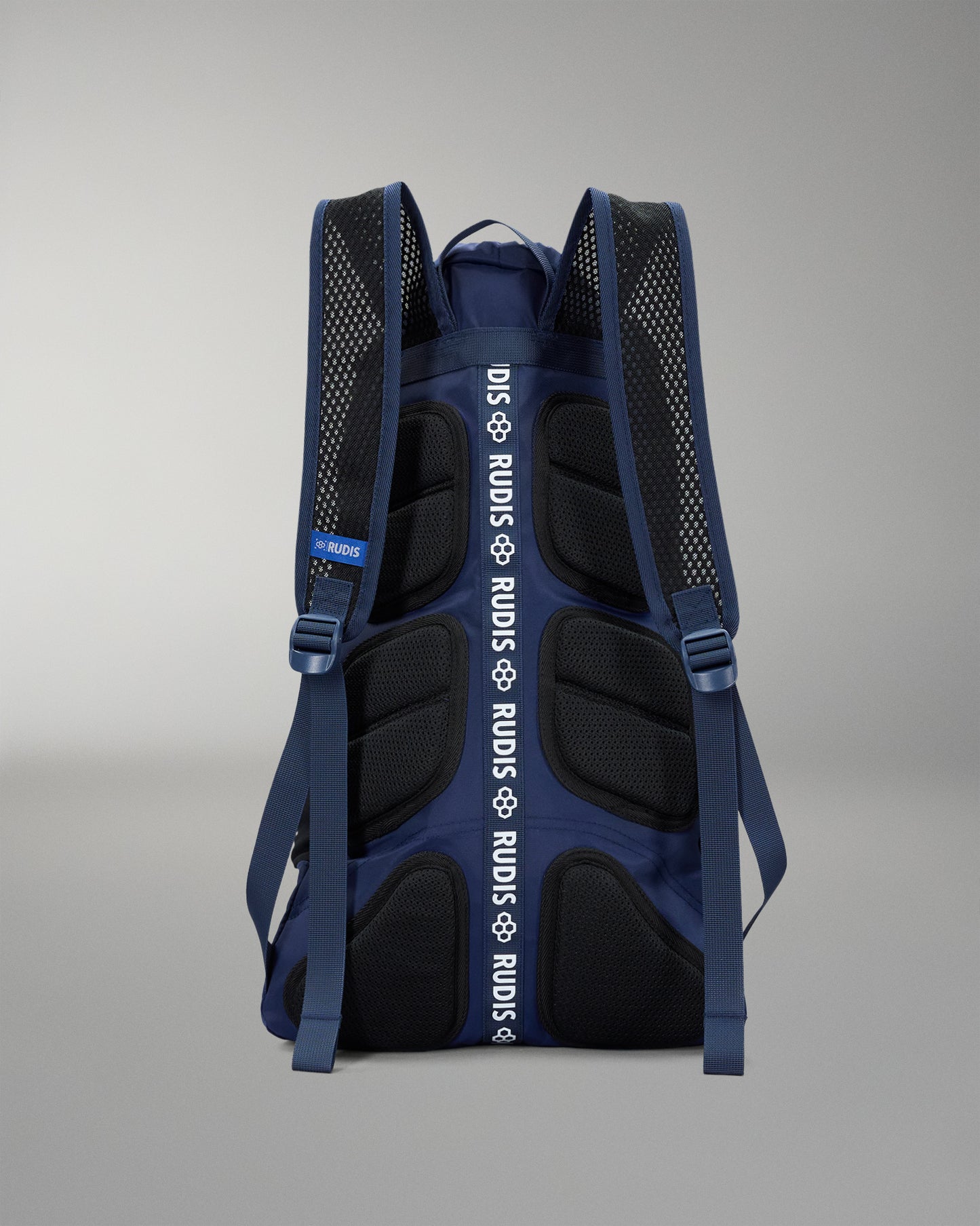 Blue and black backpack with visible branding on a gray background