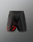 Black shorts with red abstract pattern on a gray background