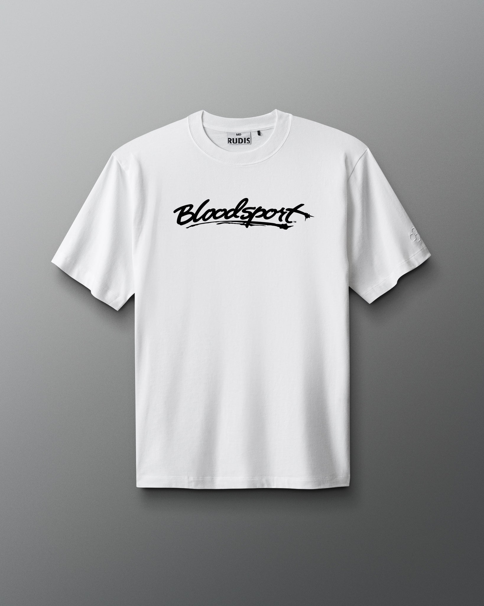 White t-shirt with 'Bloodsport' logo on a gray background