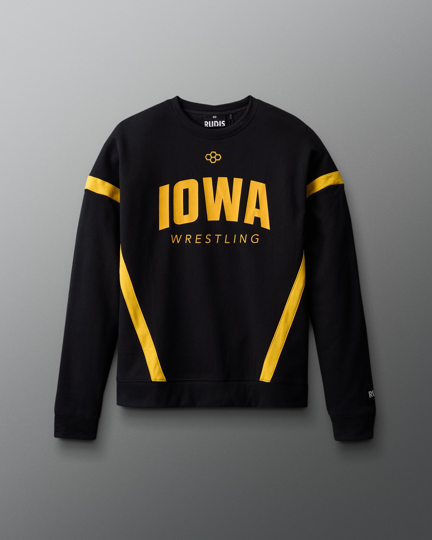 Black sweatshirt with yellow accents and 'Iowa Wrestling' text on a gray background