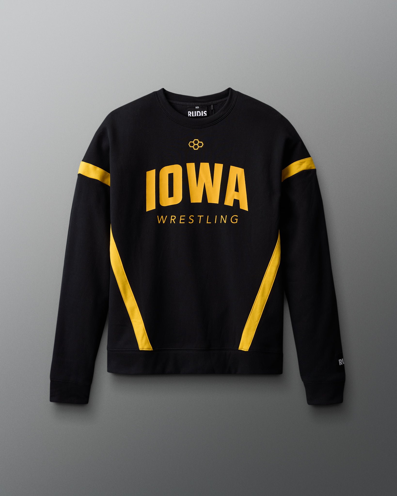 Black sweatshirt with yellow accents and 'Iowa Wrestling' text on a gray background