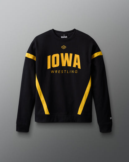 Black sweatshirt with yellow accents and 'Iowa Wrestling' text on a gray background