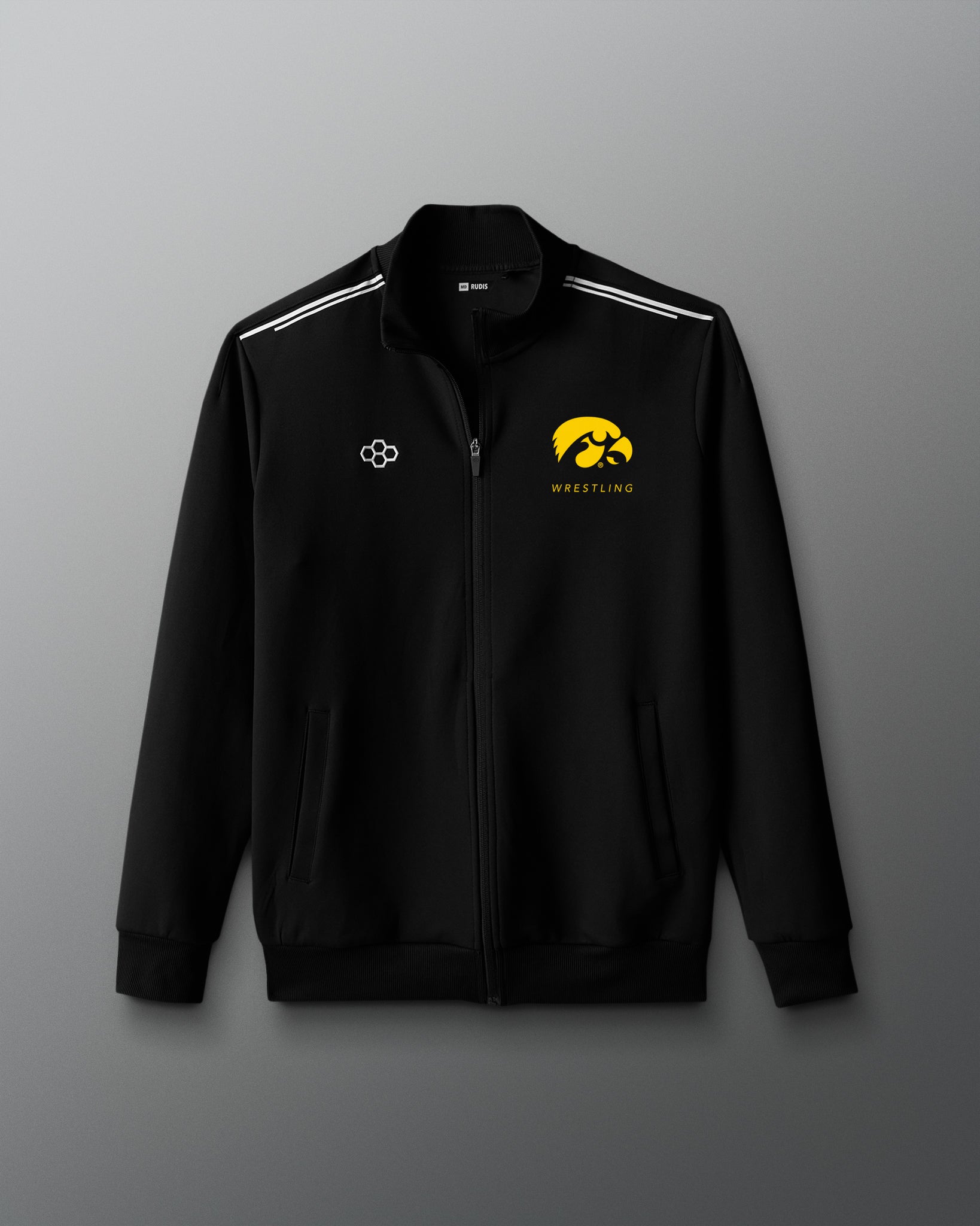 Black jacket with iowa wrestling logos on a gray background