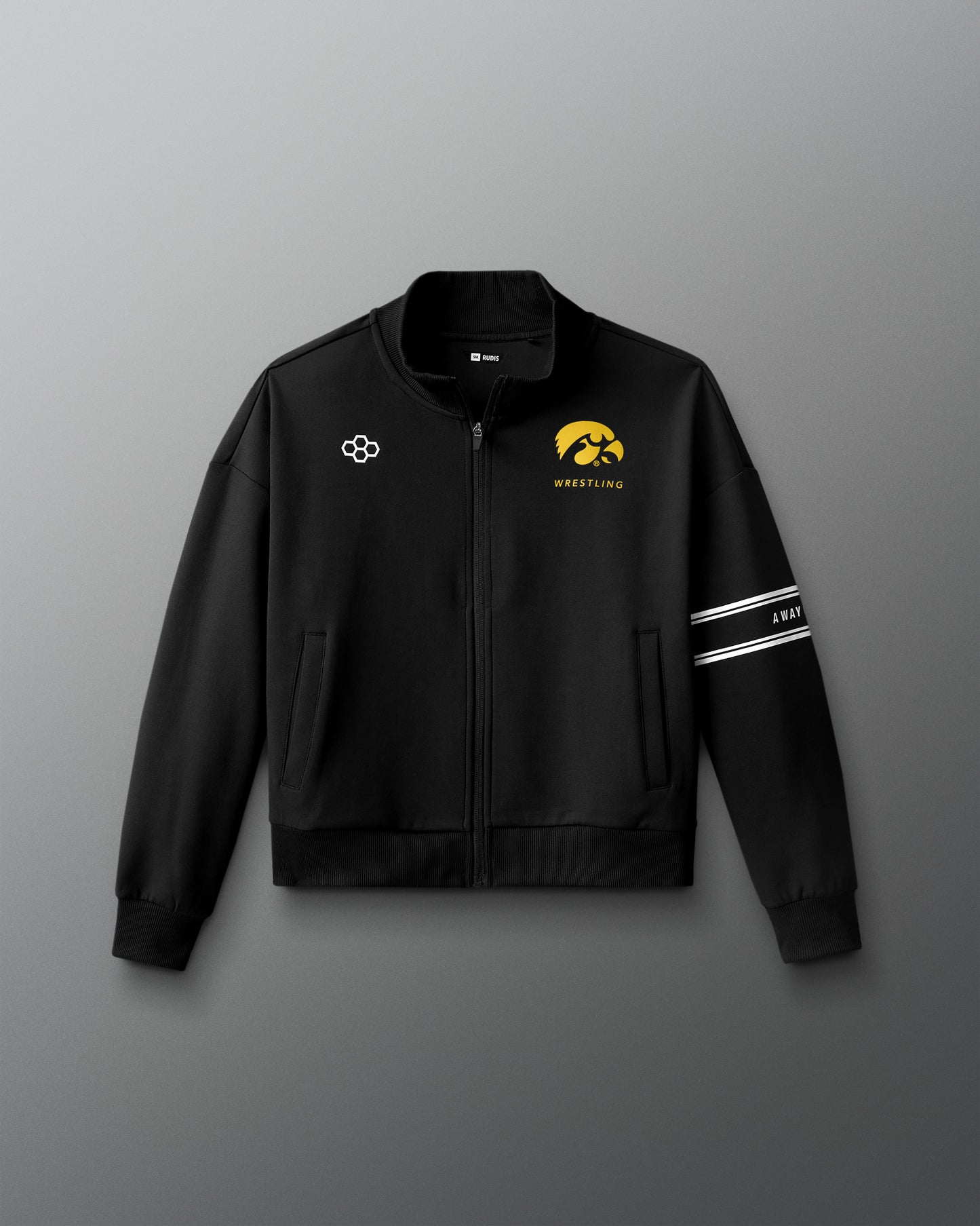 Black jacket with logos on a gray background
