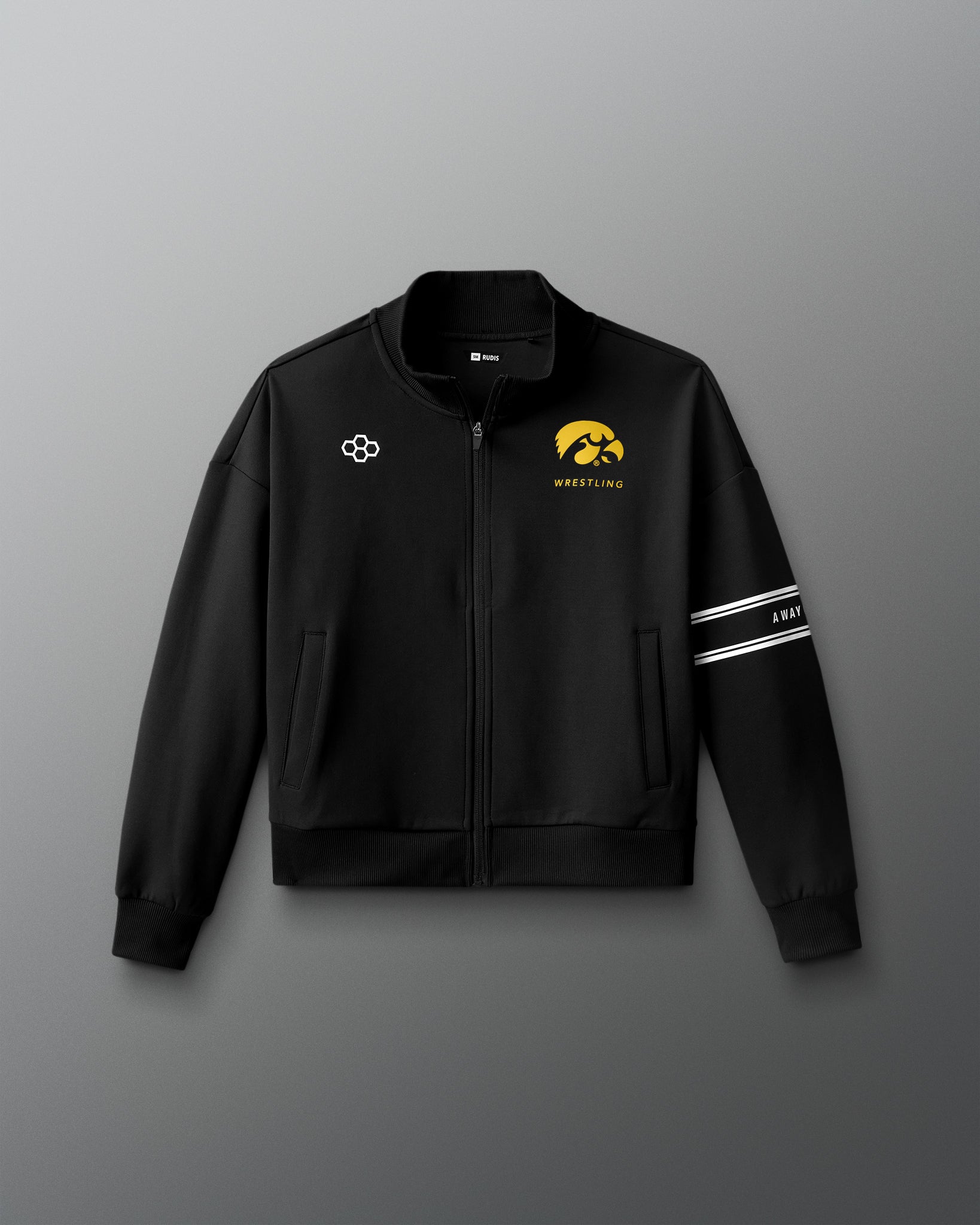 Black jacket with logos on a gray background