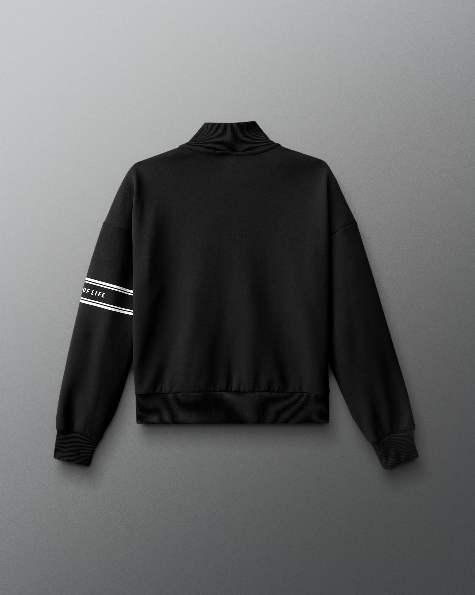 Black jacket with white stripes on sleeves against a gray background