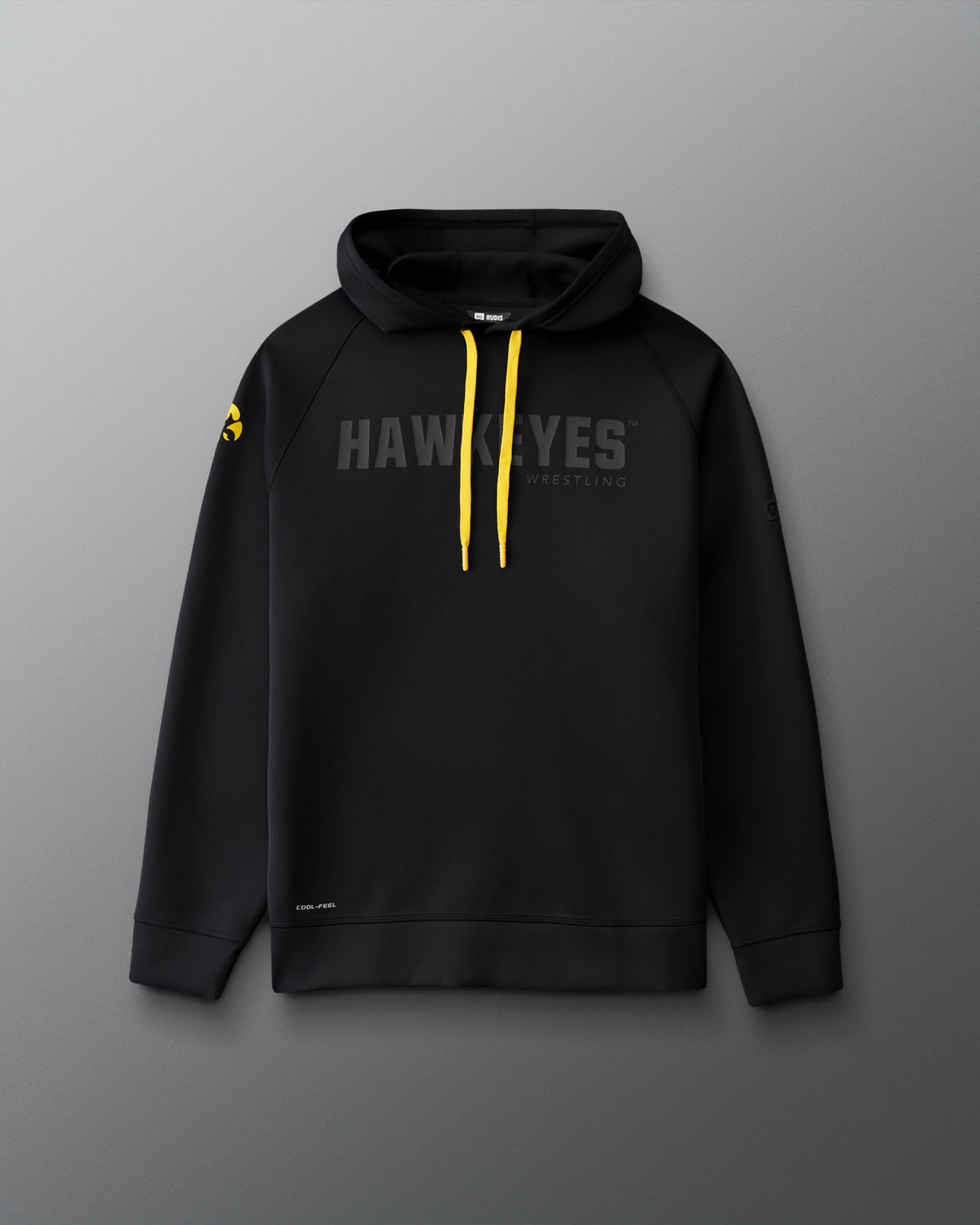 Front view of the RUDIS Iowa Hawkeyes Cool Feel Hoodie in black with tonal Hawkeyes Wrestling chest graphic, gold drawcords, and Iowa Hawkeyes sleeve logo.