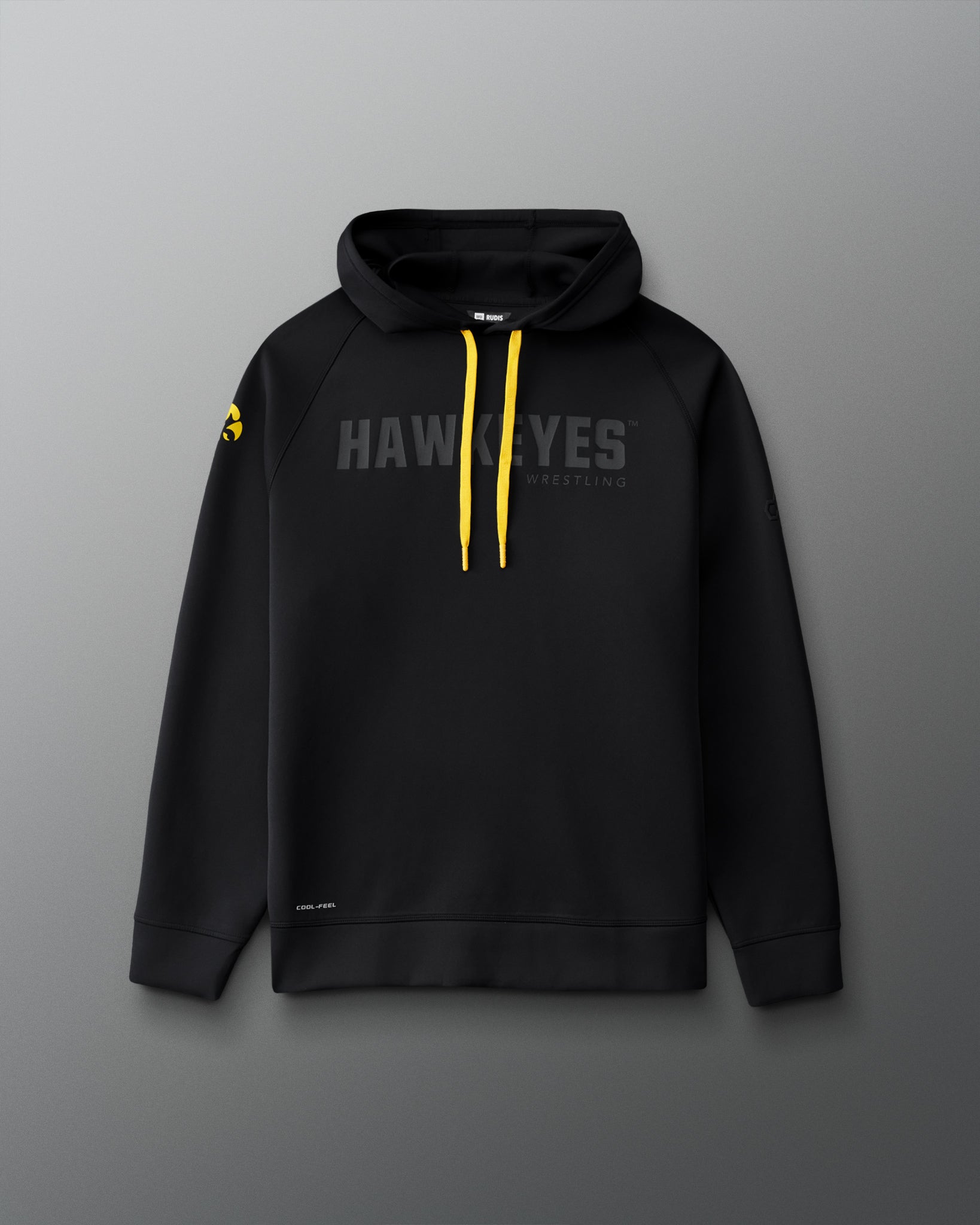 Front view of the RUDIS Iowa Hawkeyes Cool Feel Hoodie in black with tonal Hawkeyes Wrestling chest graphic, gold drawcords, and Iowa Hawkeyes sleeve logo.