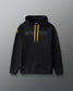 Front view of the RUDIS Iowa Hawkeyes Cool Feel Hoodie in black with tonal Hawkeyes Wrestling chest graphic, gold drawcords, and Iowa Hawkeyes sleeve logo.