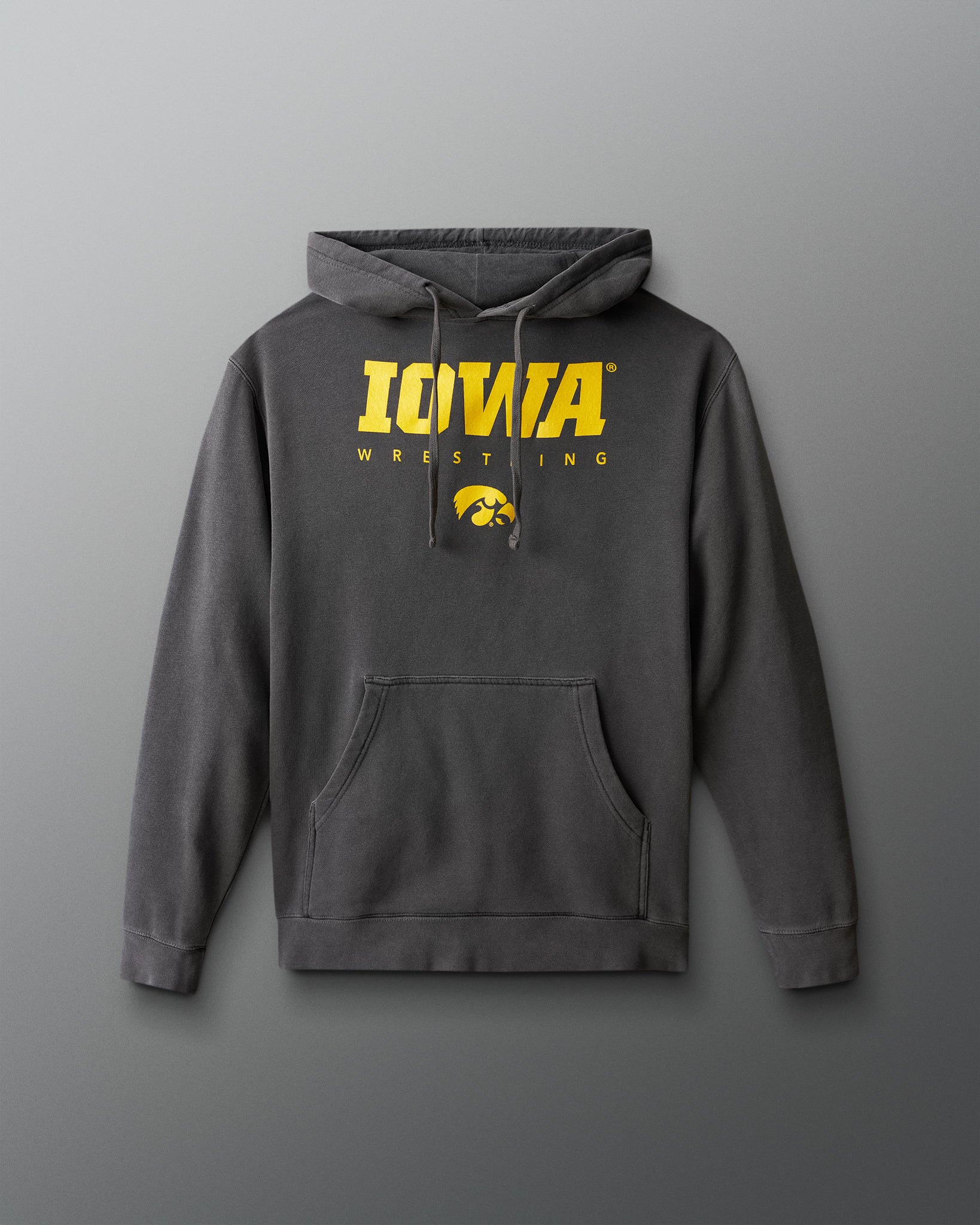 Gray hoodie with 'Iowa Wrestling' text on a gray background