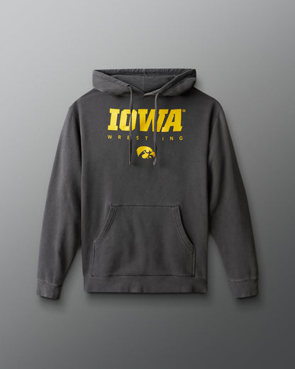 Gray hoodie with 'Iowa Wrestling' text on a gray background