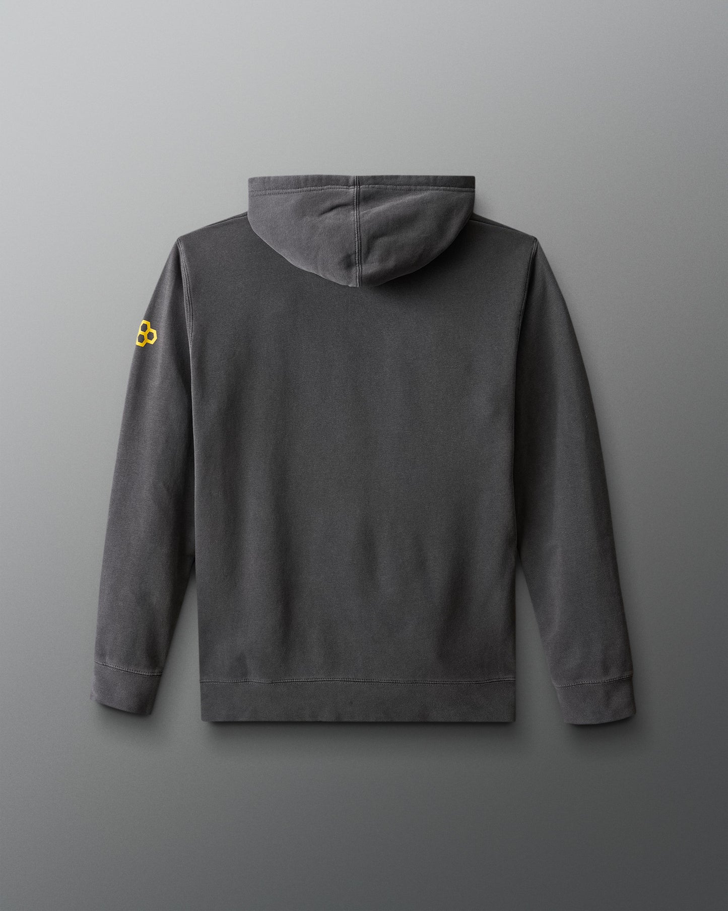 Gray hoodie with a yellow logo on the sleeve against a gray background