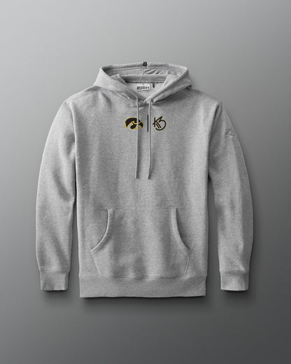 Gray hoodie with a logo on a gray background