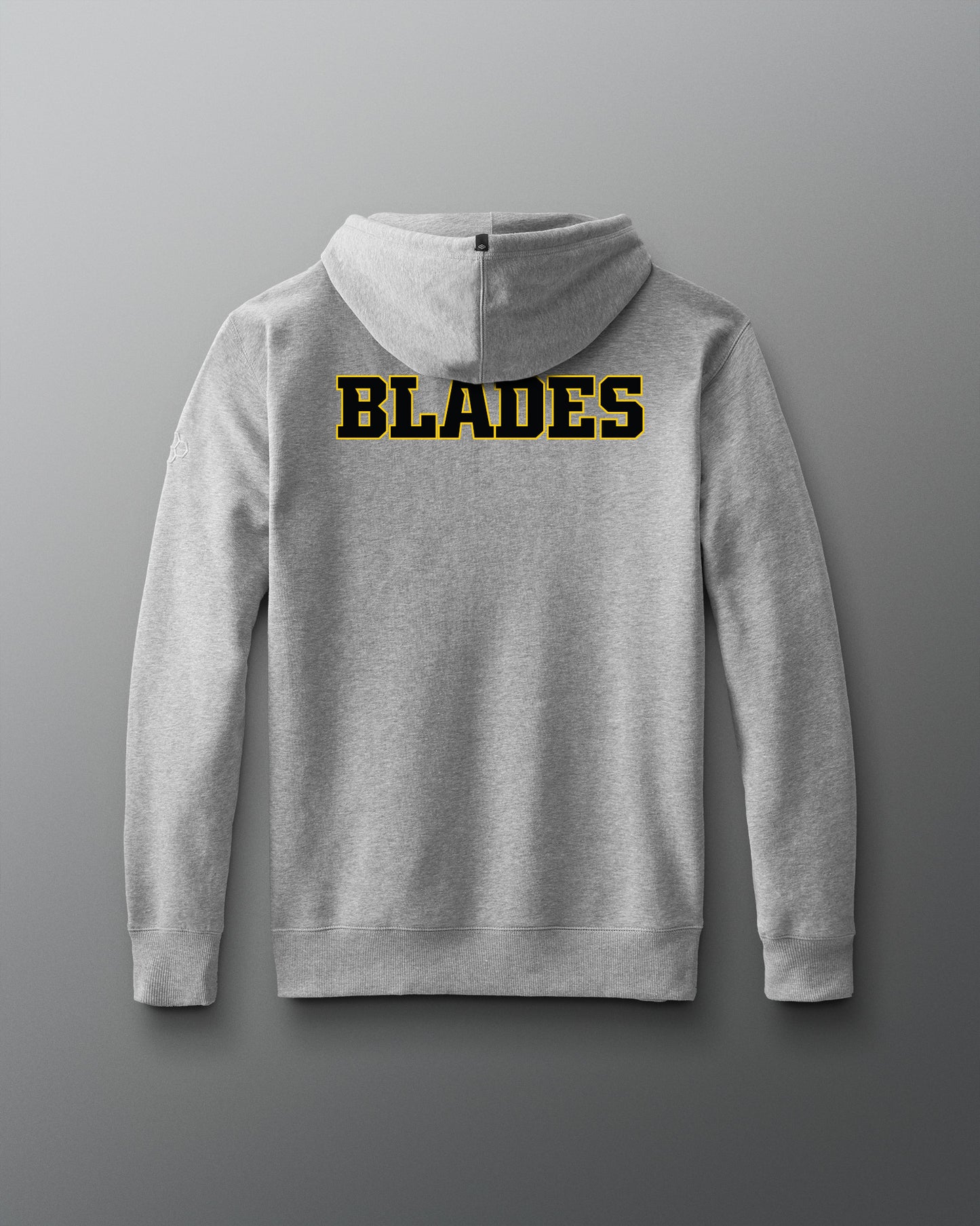 Gray hoodie with 'BLADES' printed on the back against a gray background