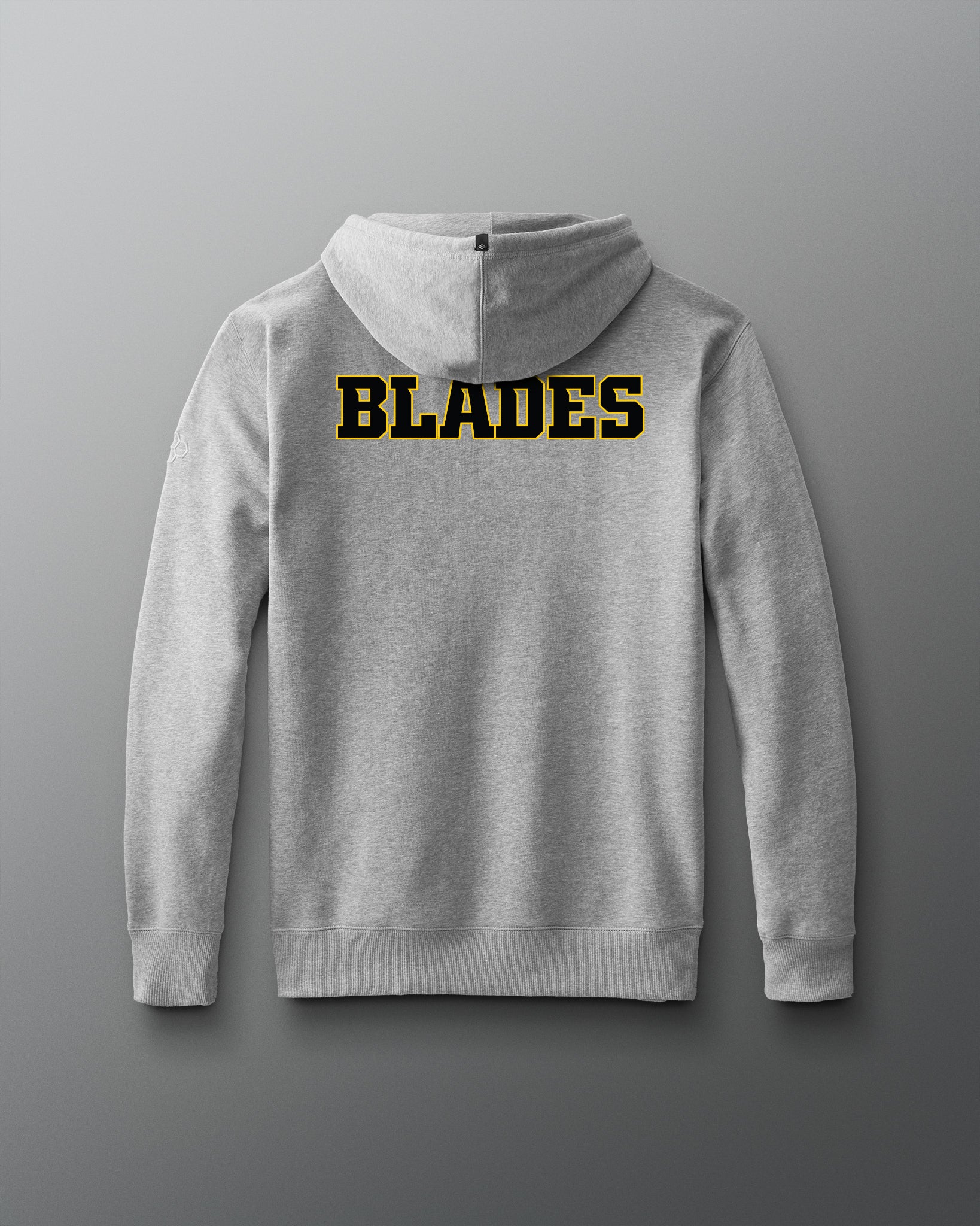 Gray hoodie with 'BLADES' printed on the back against a gray background