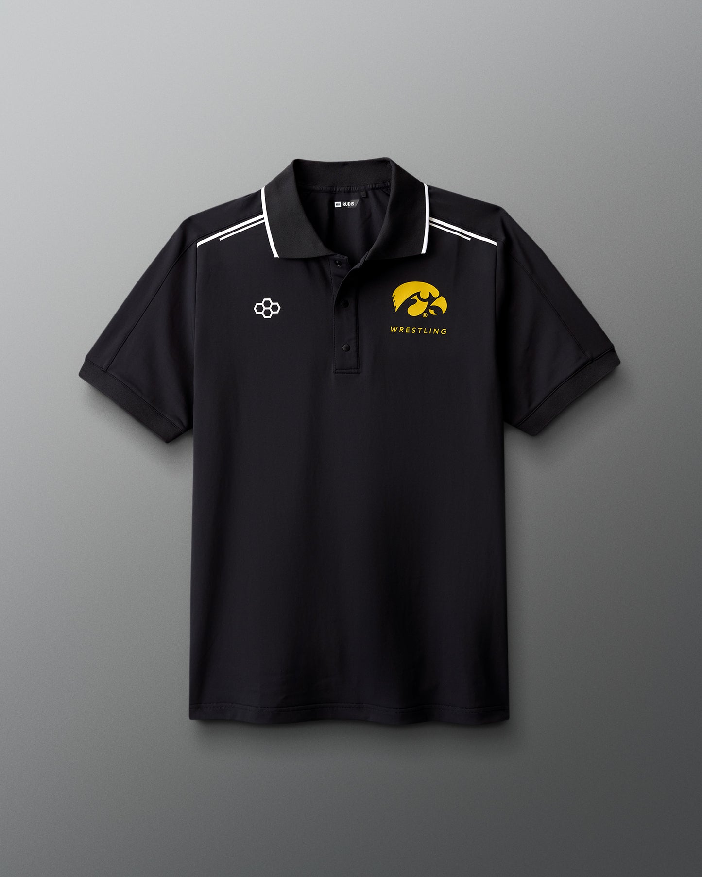 Black polo shirt with wrestling logo on a gray background