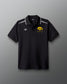 Black polo shirt with wrestling logo on a gray background