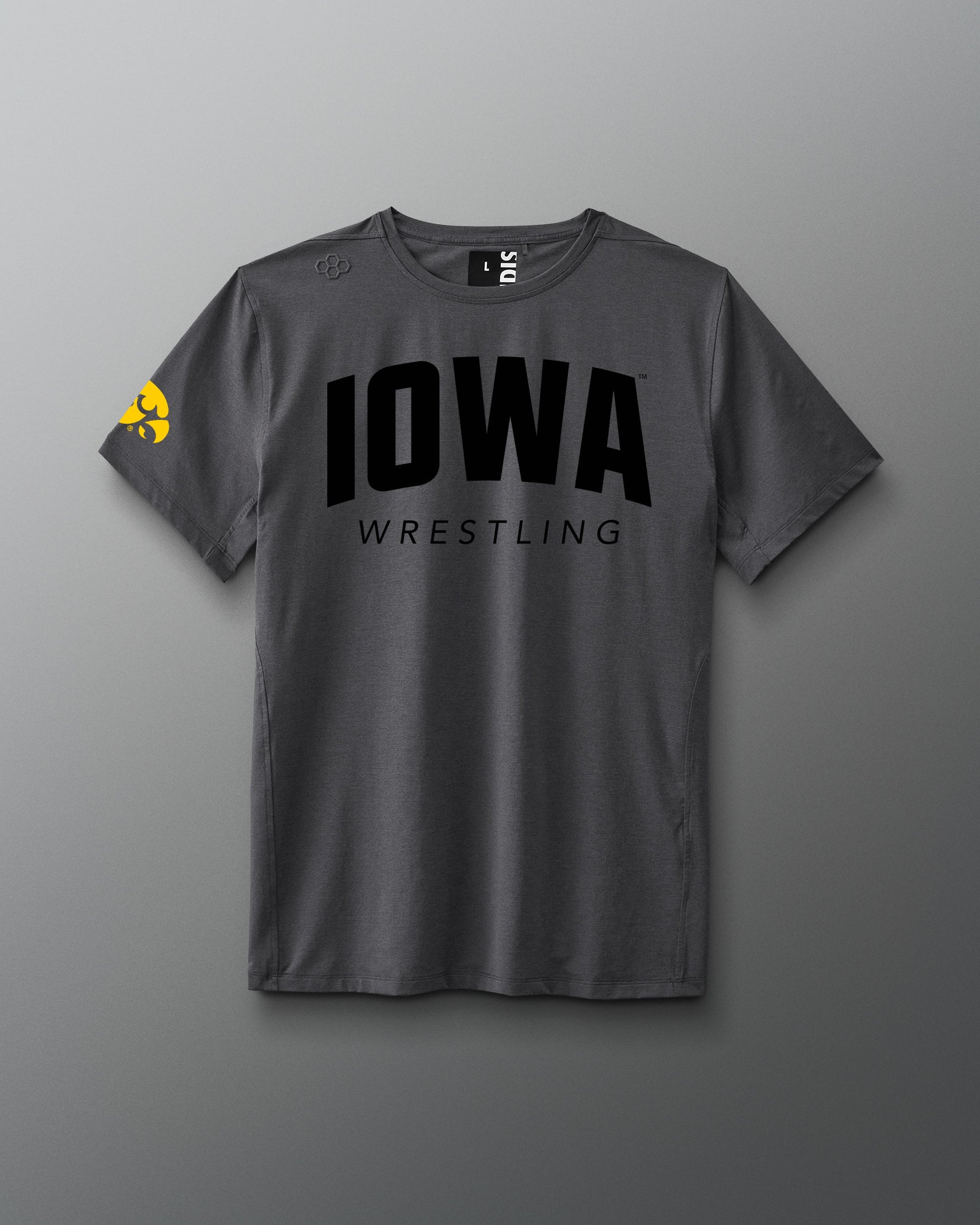 A yellow IOWA Wrestling performance heather t-shirt displayed against a neutral background.