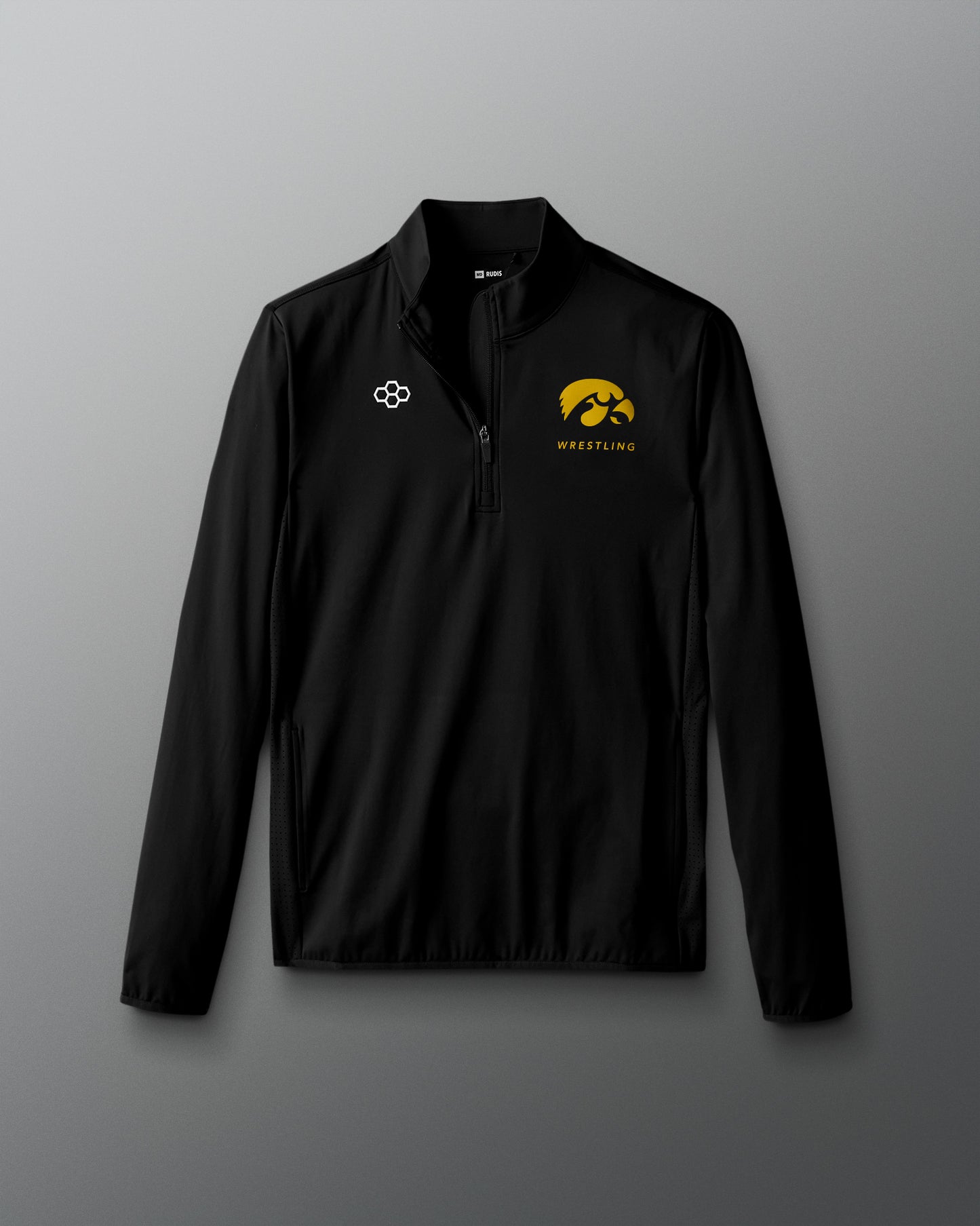 Black pullover with logos on a gray background
