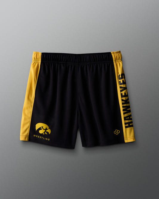 Black shorts with yellow accents featuring an Iowa logo on a gray background