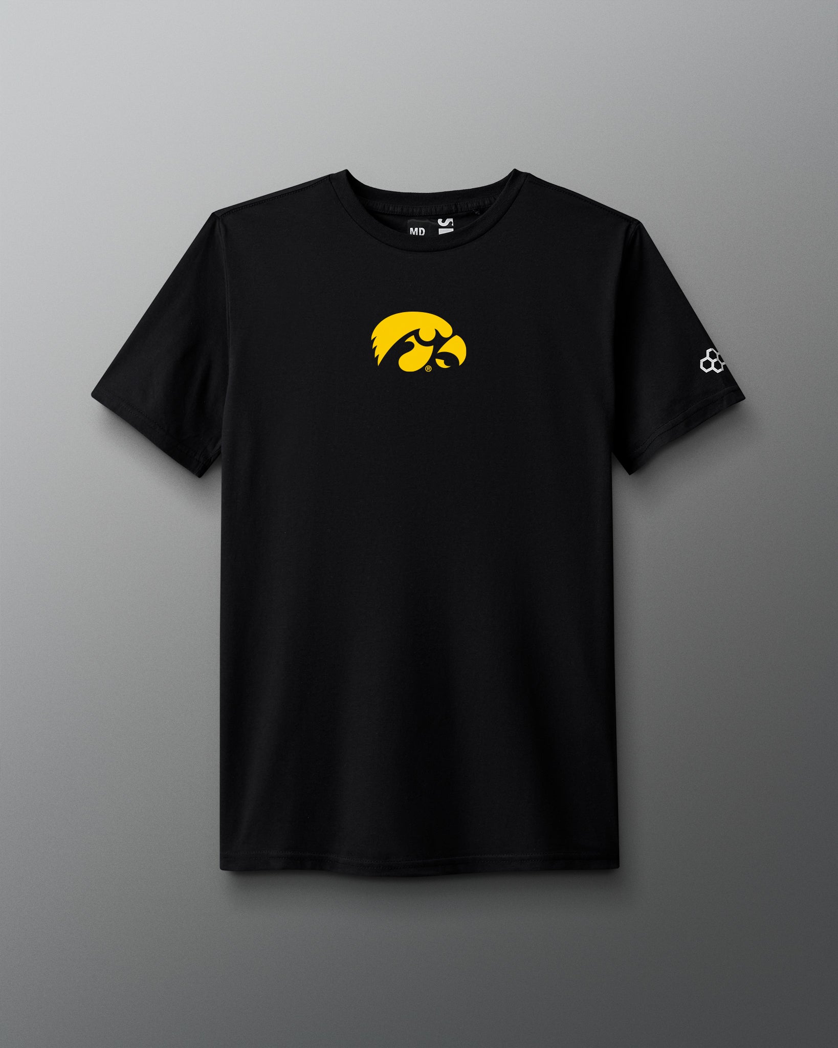 Black t-shirt with a yellow logo on a gray background