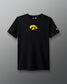 Black t-shirt with a yellow logo on a gray background