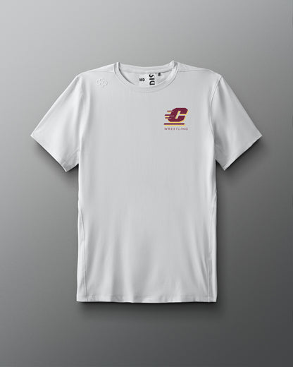 White t-shirt with a logo on a gray background. Central Michigan University