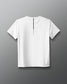 White t-shirt with a small black logo on a gray background