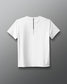 White t-shirt with a small black logo on a gray background