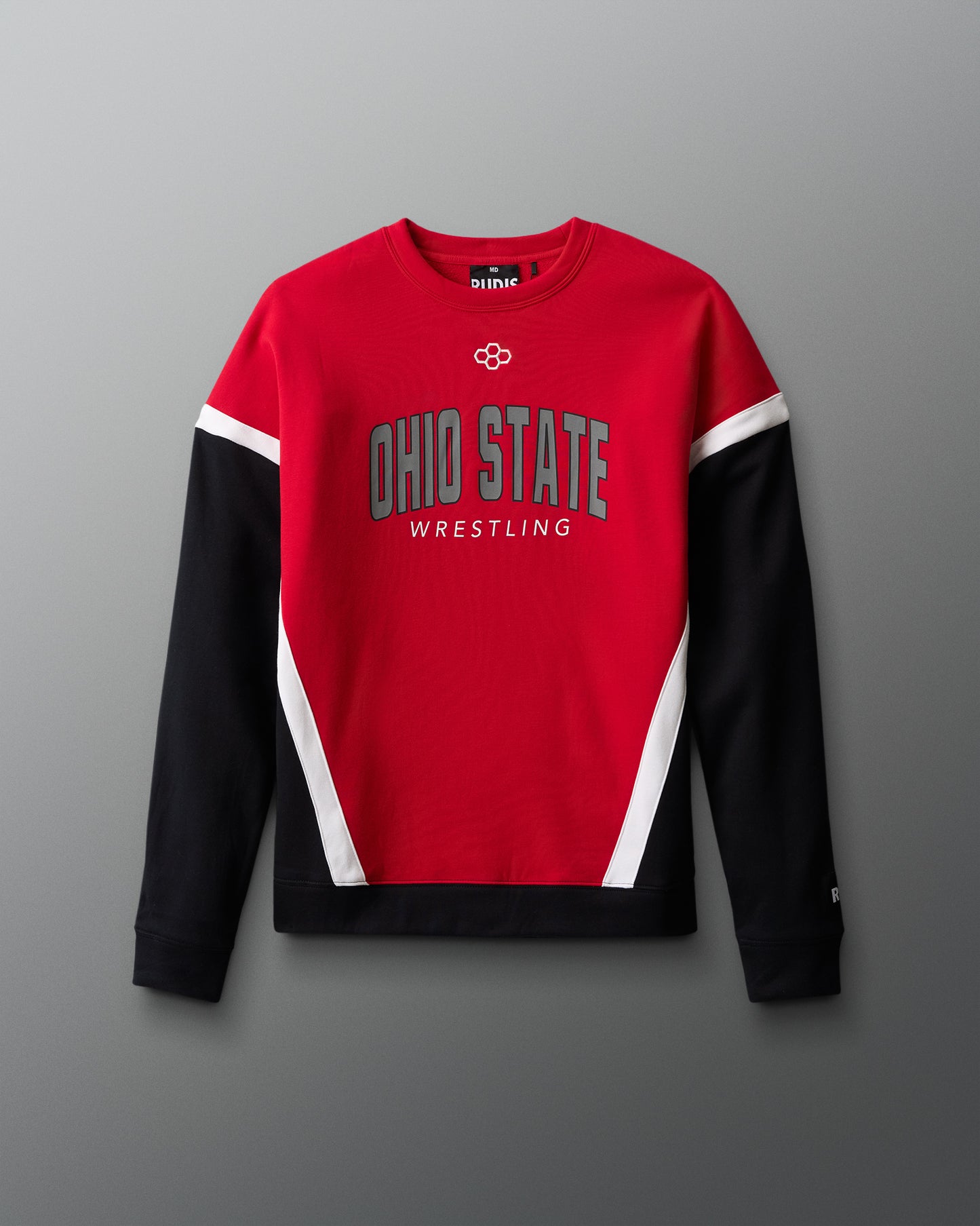 Red and black sweatshirt with 'Ohio State Wrestling' text on a gray background