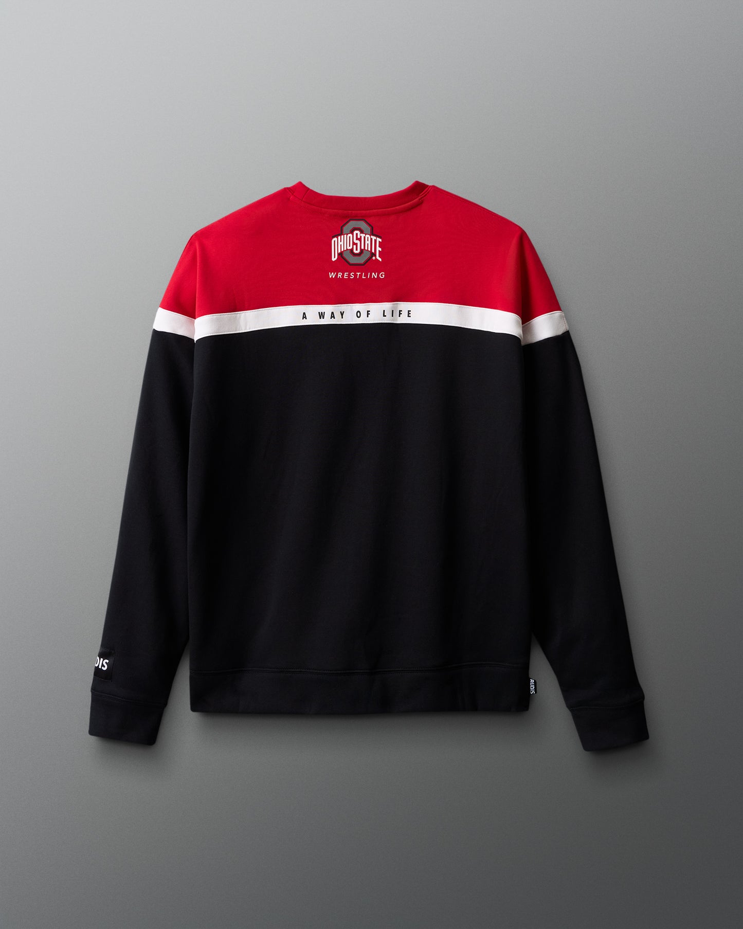 Black and red sweatshirt with a logo on a gray background