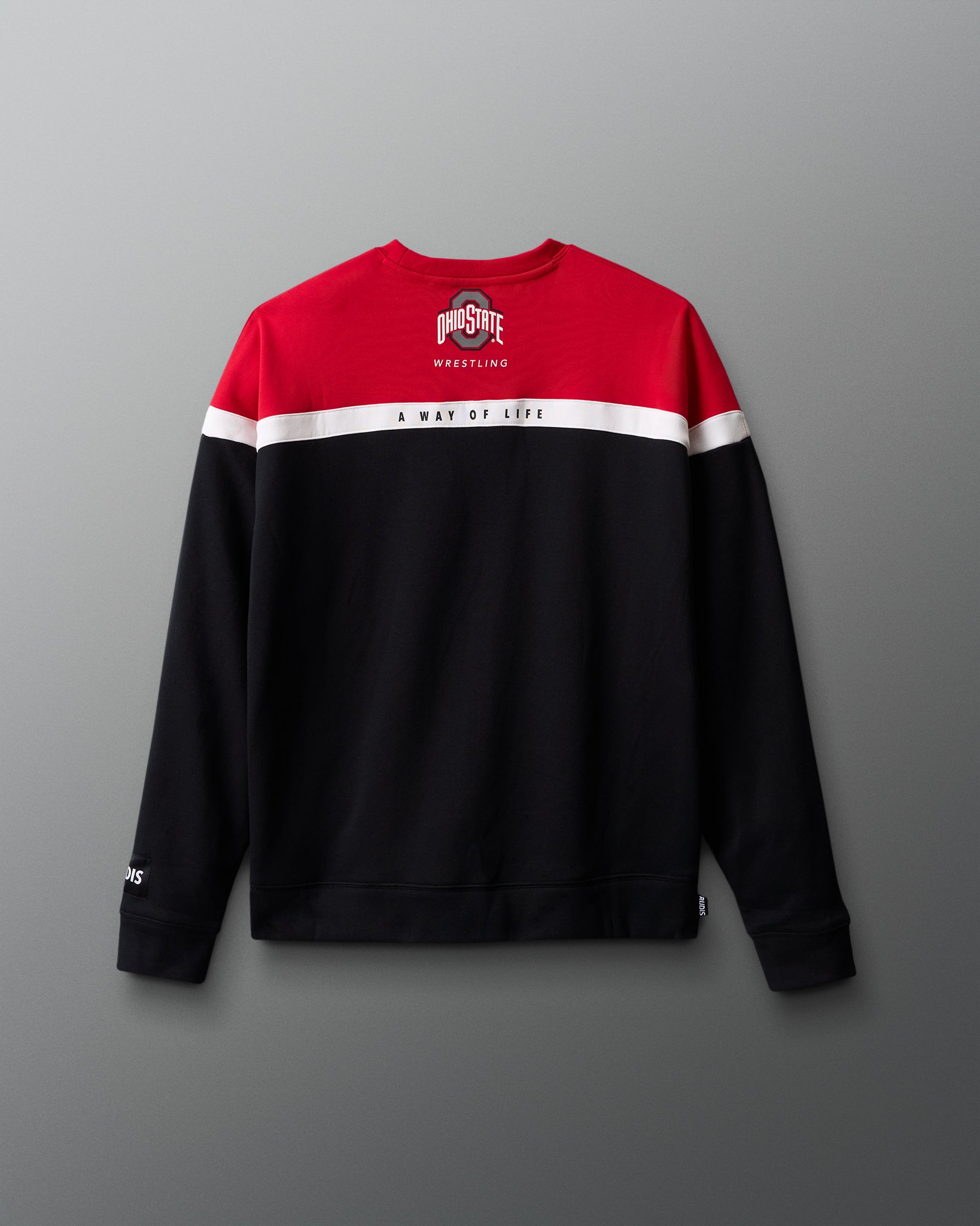 Black and red sweatshirt with a logo on a gray background