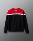 Black and red sweatshirt with a logo on a gray background