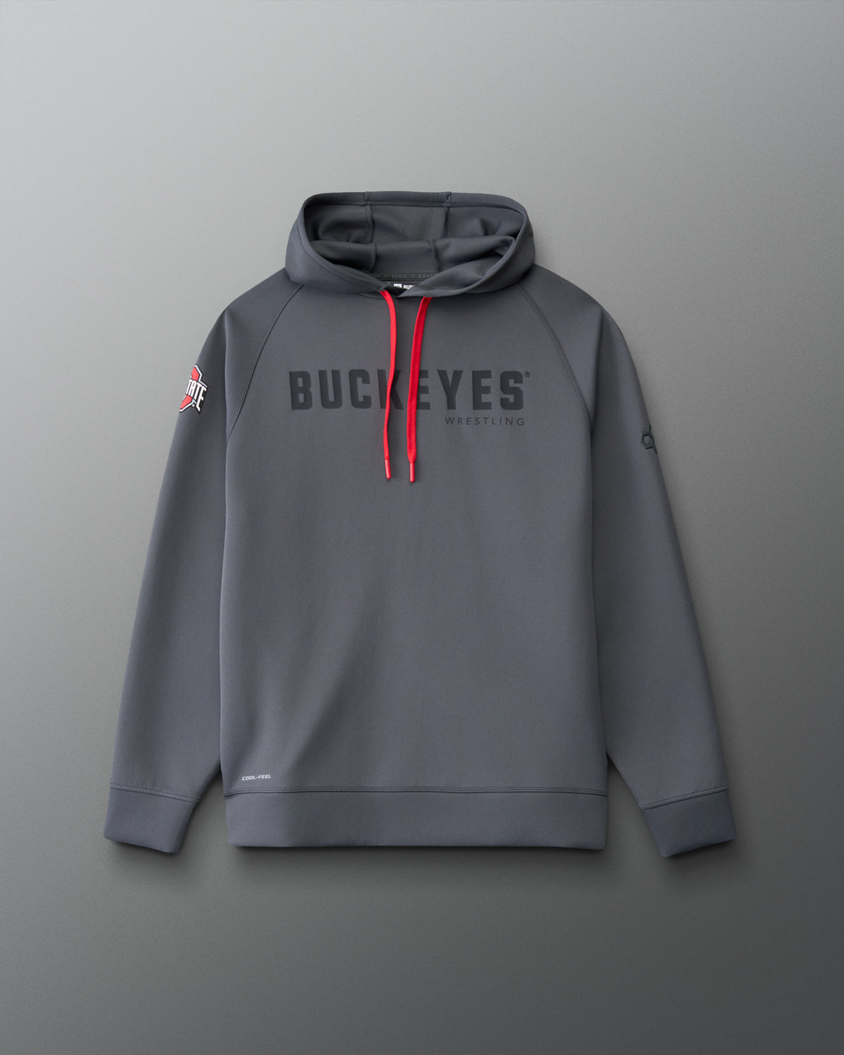 Front view of the RUDIS Ohio State Buckeyes Cool Feel Hoodie in carbon with Buckeyes Wrestling chest graphic, red drawcords and Ohio State sleeve logo.