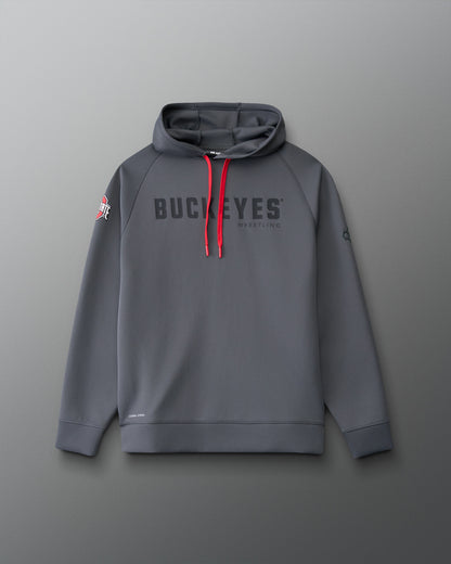 Front view of the RUDIS Ohio State Buckeyes Cool Feel Hoodie in carbon with Buckeyes Wrestling chest graphic, red drawcords and Ohio State sleeve logo.