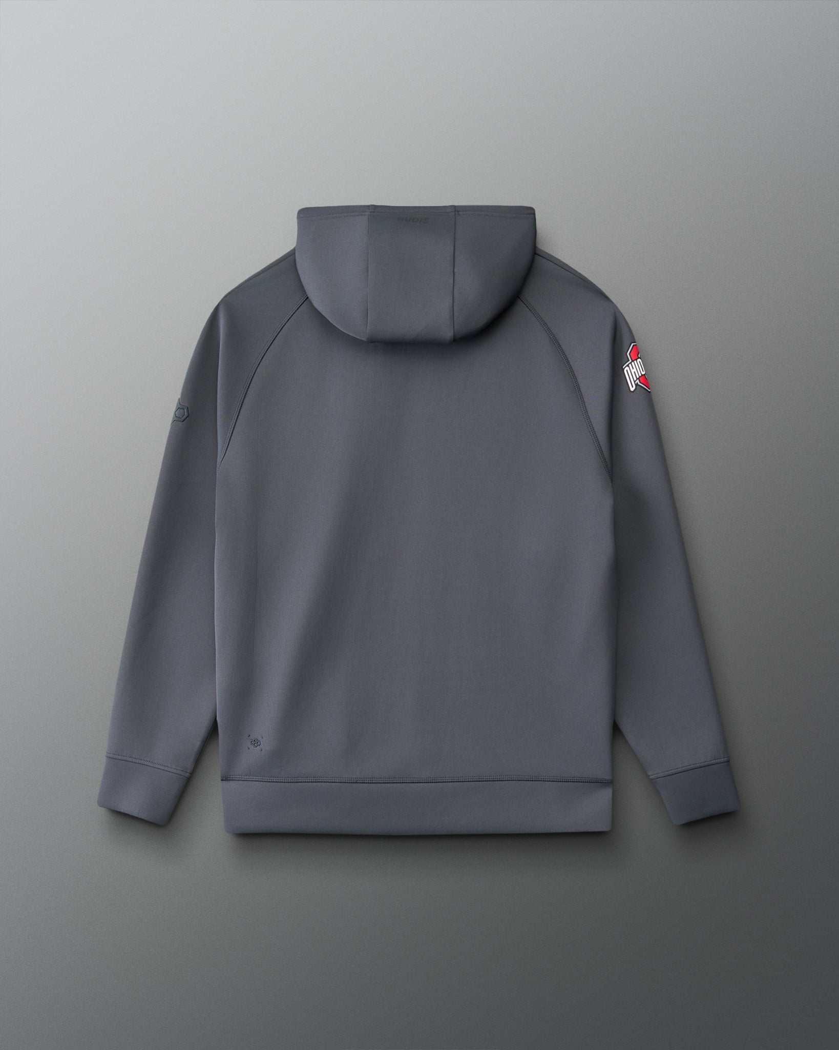 A dark gray hooded sweatshirt shown from the back, featuring a small red and white graphic on the left sleeve, photographed against a neutral gray background.