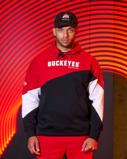 Person wearing a red, black, and white hoodie with 'Buckeyes Wrestling' text against a dynamic red and orange background.