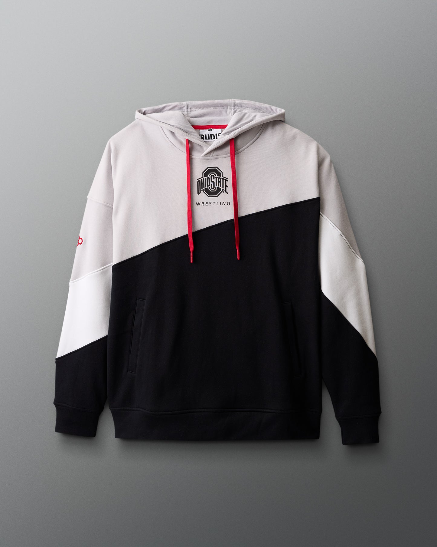 Ohio State Wrestling Color-blocked hoodie with red drawstrings on a gray background