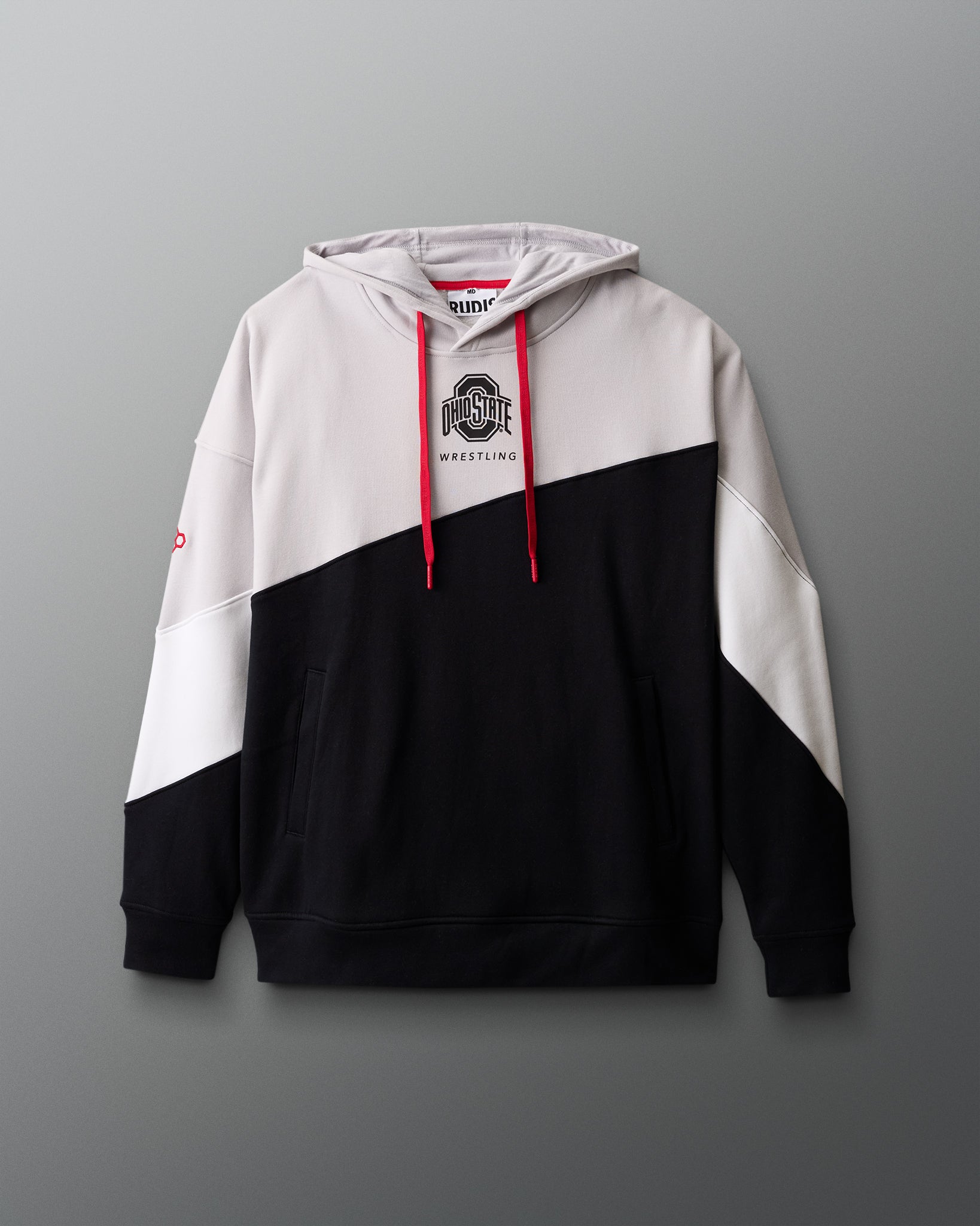 Ohio State Wrestling Color-blocked hoodie with red drawstrings on a gray background
