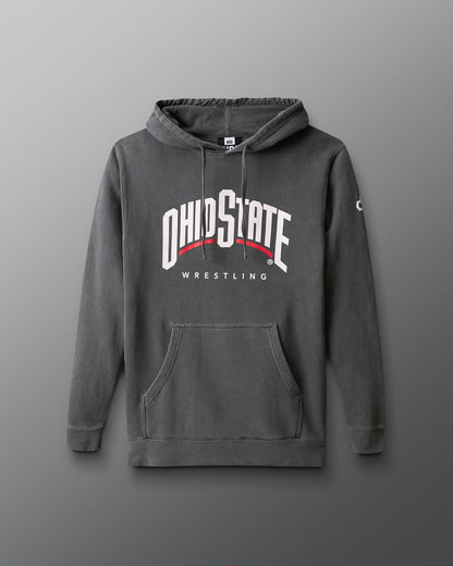 Gray hoodie with 'Ohio State Wrestling' text on a gray background