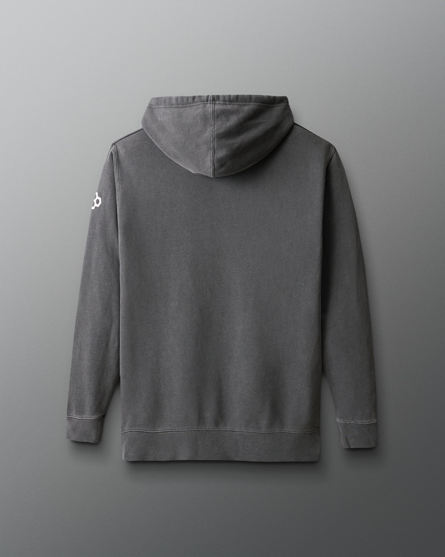 Gray hoodie with a brand logo on the back against a gray background