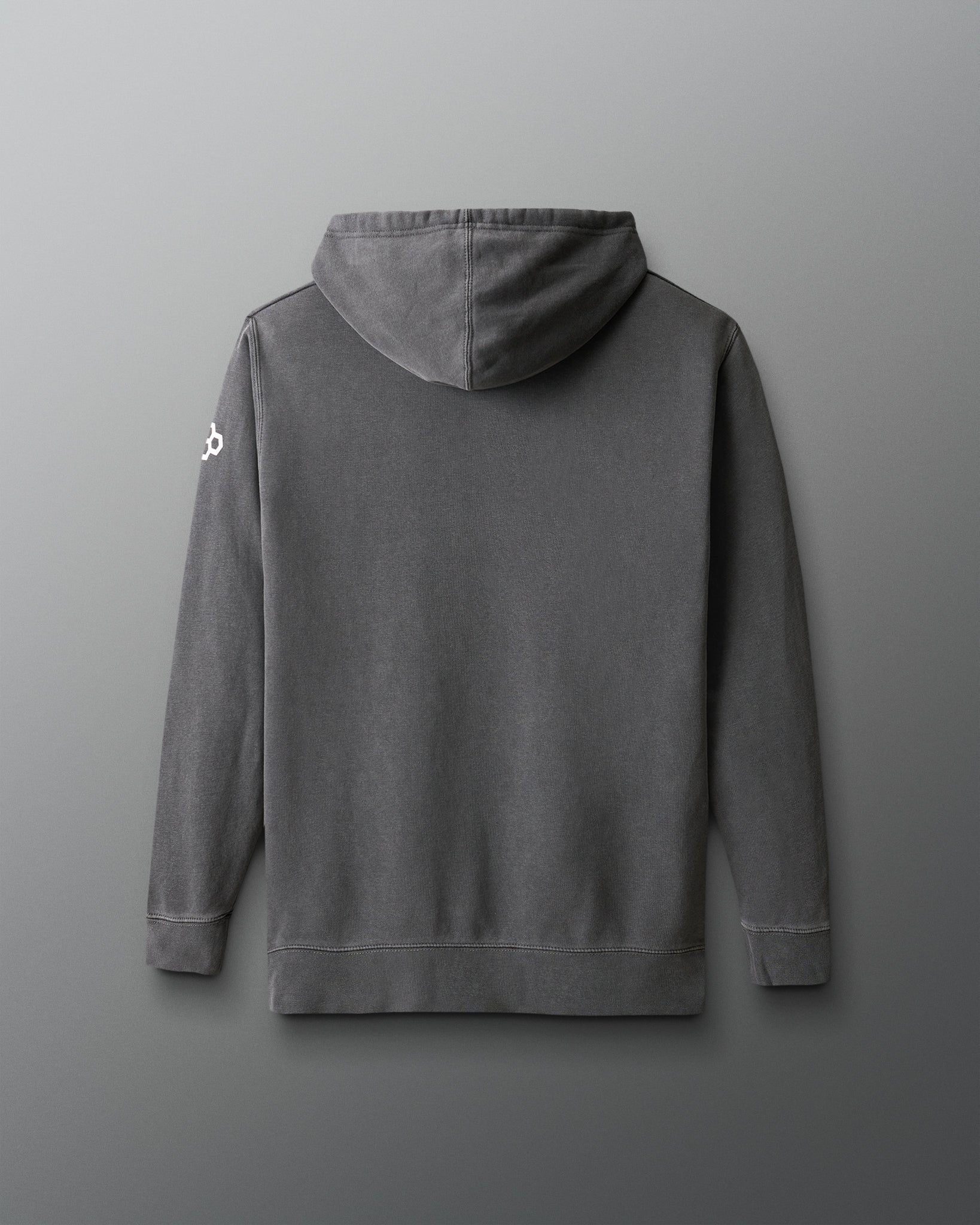 Gray hoodie with a brand logo on the back against a gray background