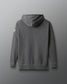 Gray hoodie with a brand logo on the back against a gray background